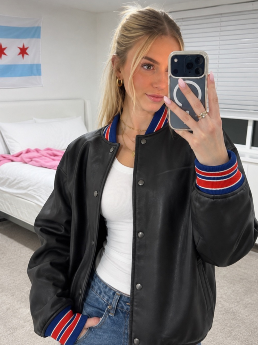 Zara Bomber Faux Vegan Leather Distressed Letterman Stripe Trim Jacket Medium